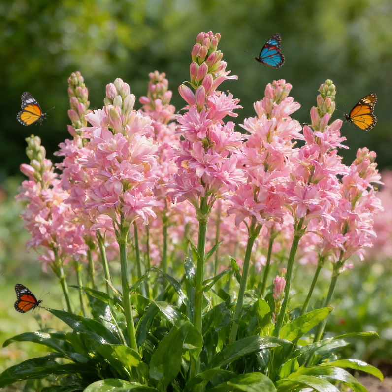 Pink double tuberose flower garden with butterflies