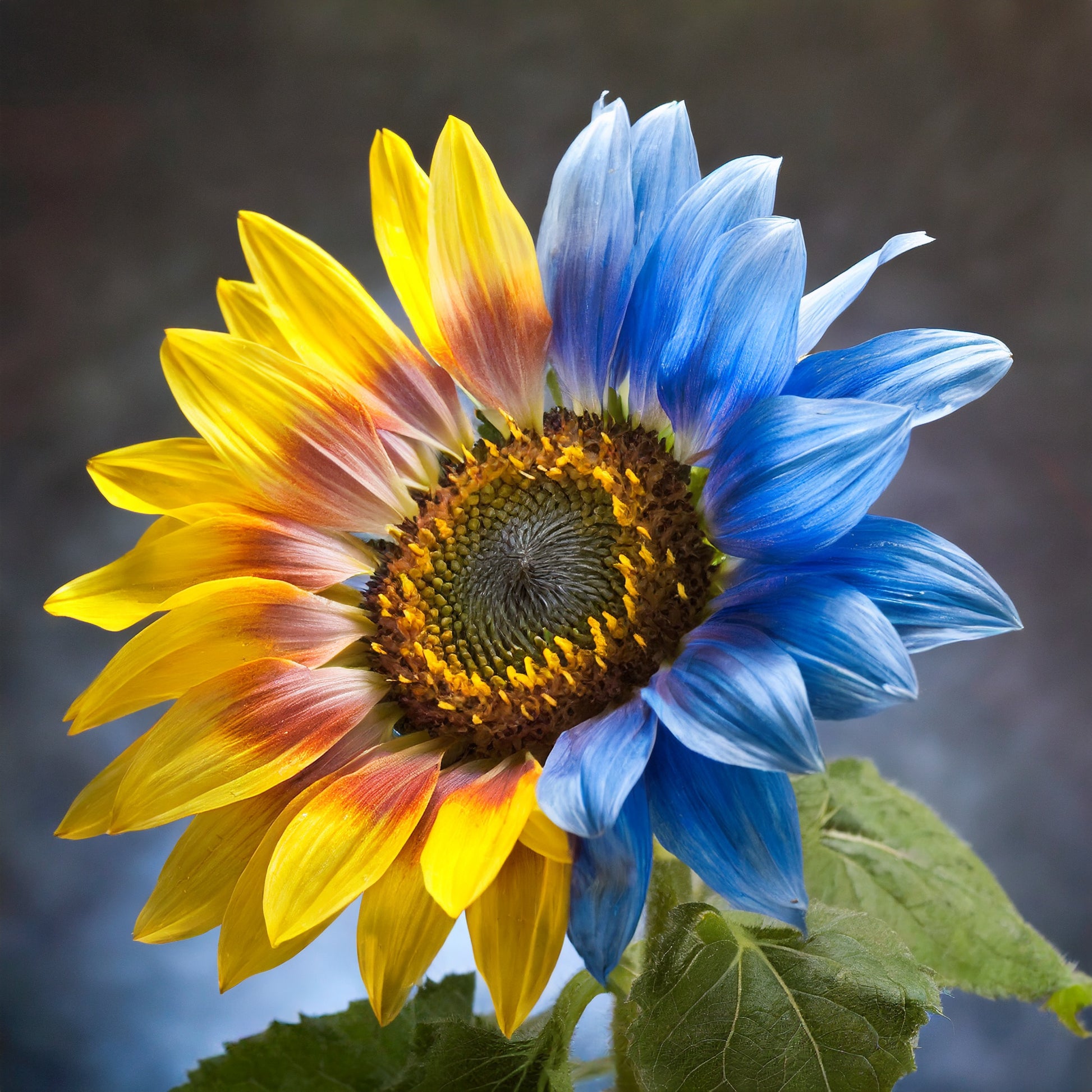 Twin-Blossom Half Blue, Half Yellow Sunflower