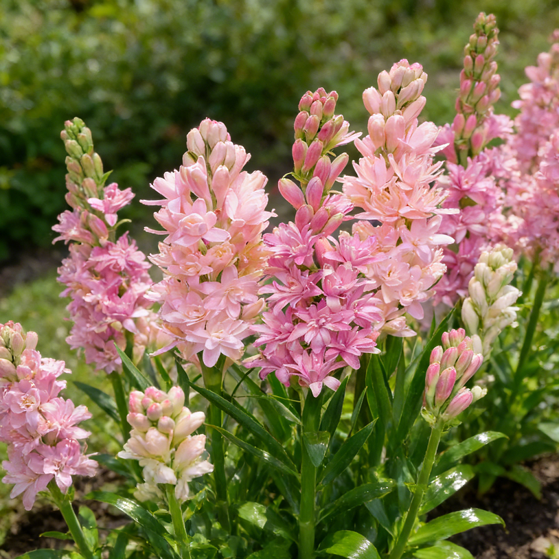 Pink double tuberose flowers growing in sunlight