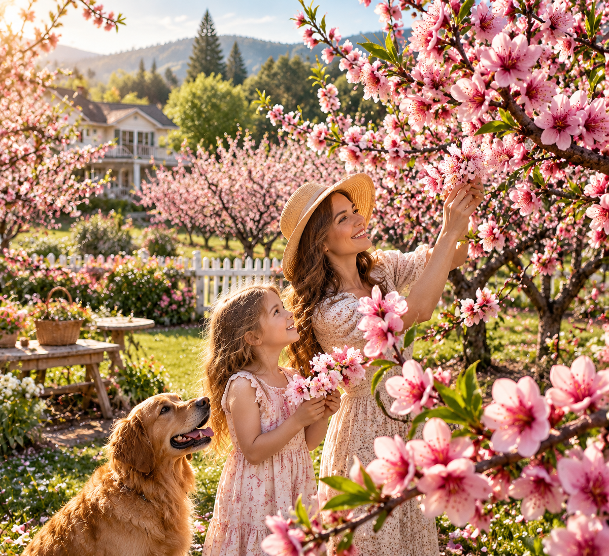 Peach tree covered in pink spring blossoms