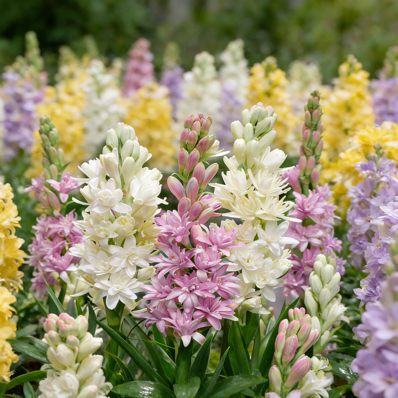 Large group of colorful double tuberose flowers