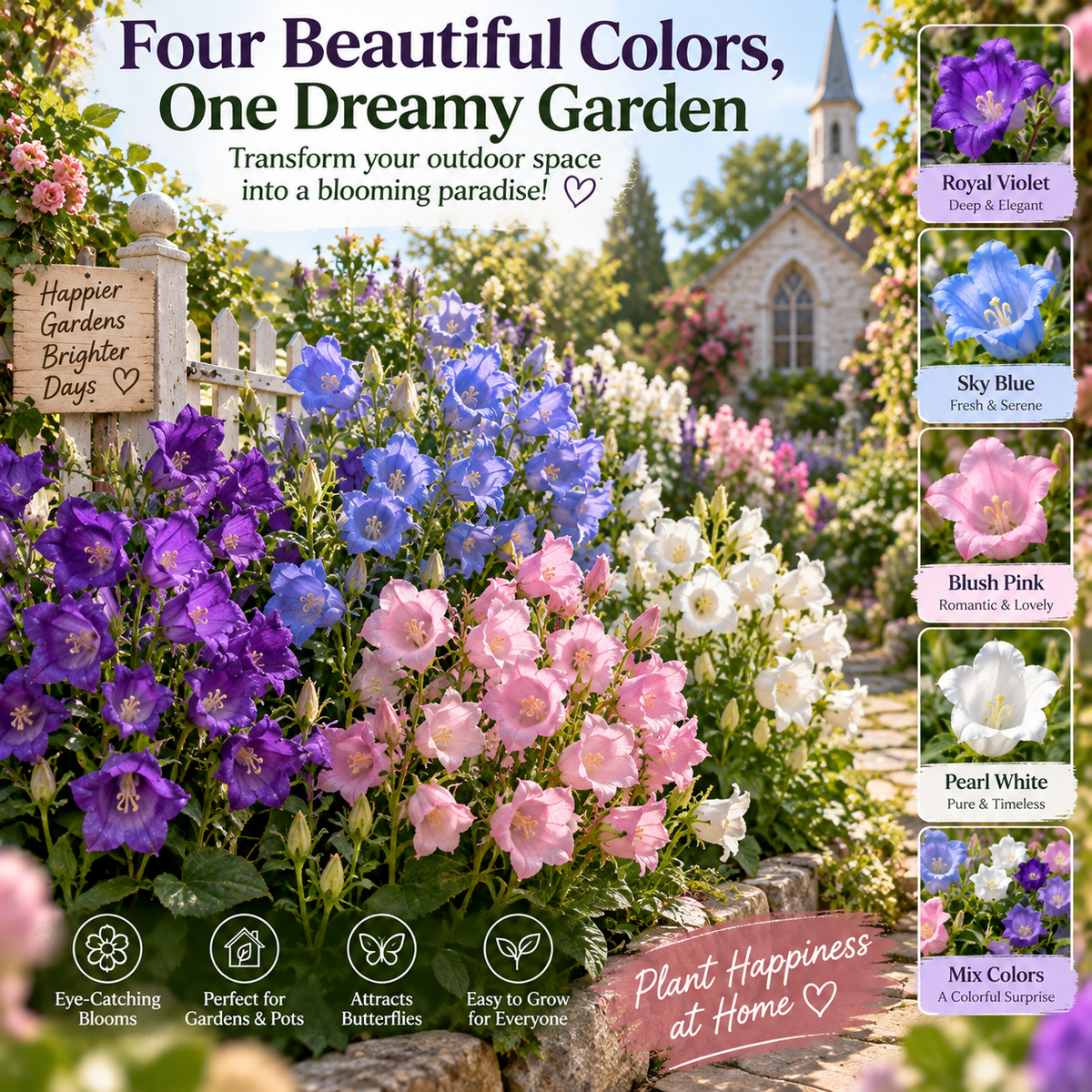 🔥 Last Day 50% OFF! 🔔💜 Dreamy Cathedral Bell Flower Seeds – Magical Multi-Color Canterbury Bells for Pots & Gardens 🌸