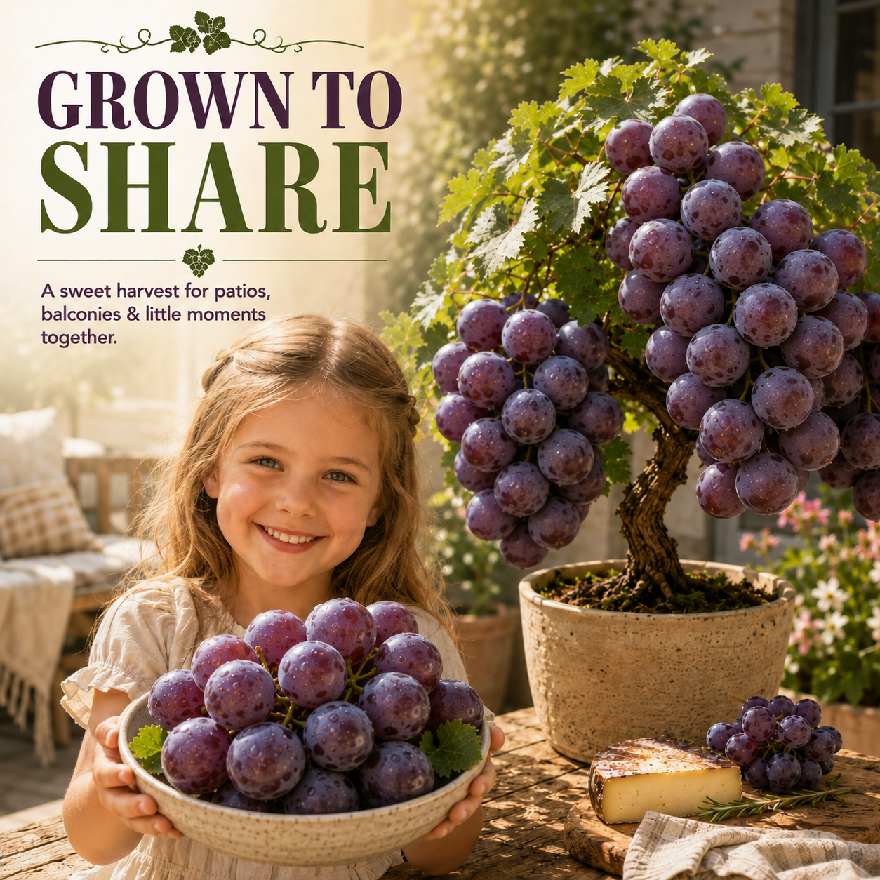 Dwarf grape plant with grape clusters