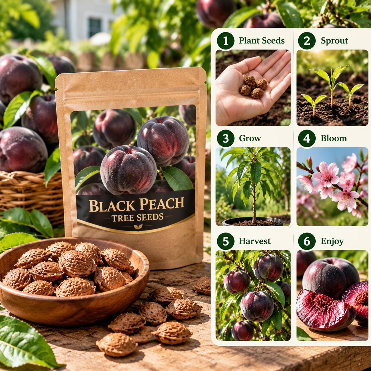 Black peach seed growing process from seed to bloom and harvest