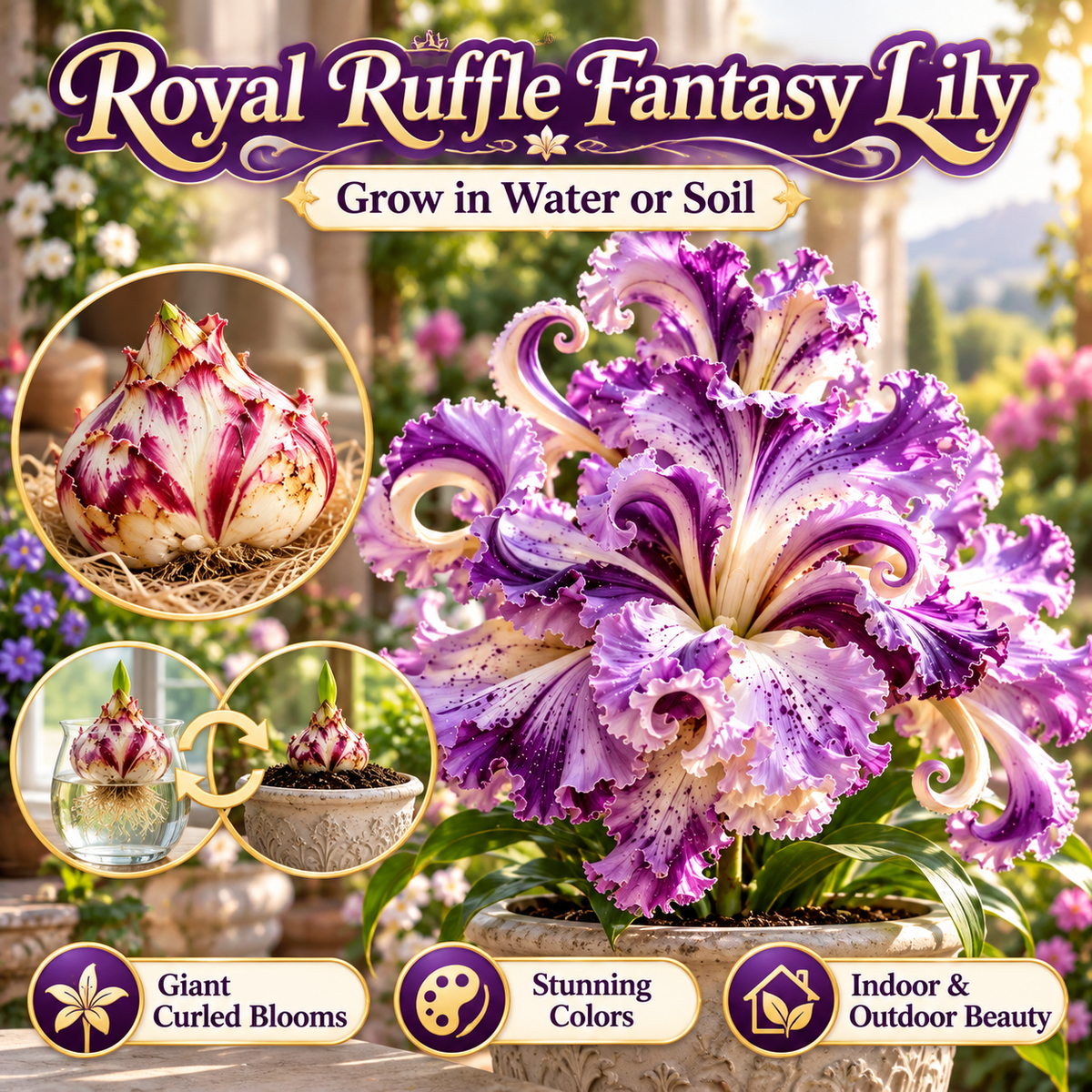 🌸 Royal Ruffle Fantasy Lily Bulbs – Grow in Water or Soil, Giant Ruffled Blooms