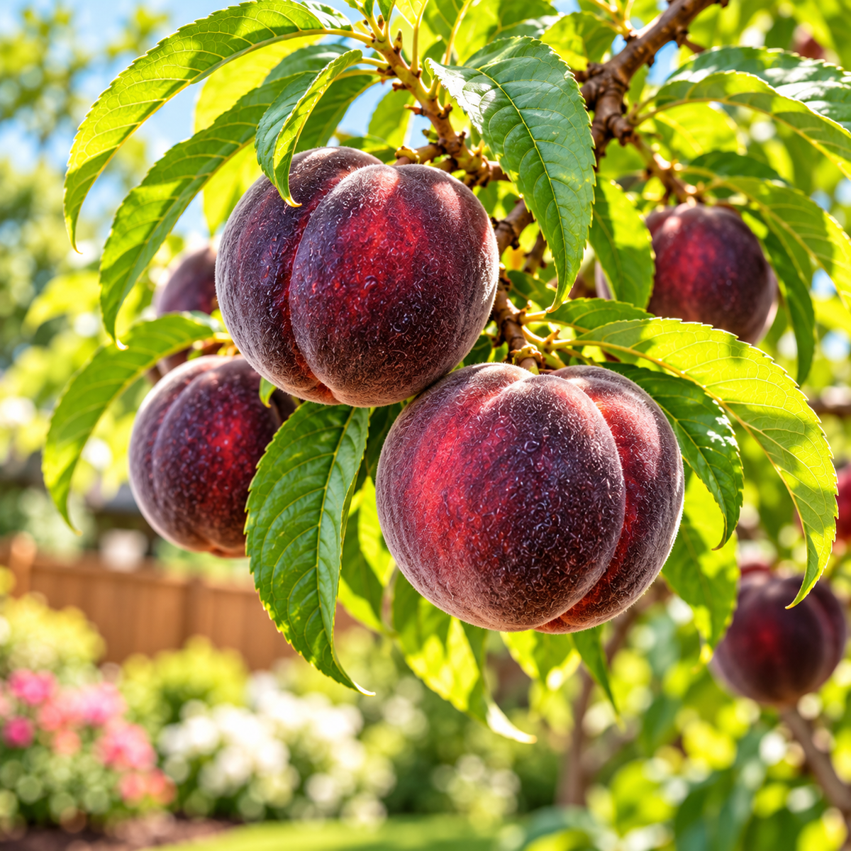 Dark peaches growing on tree