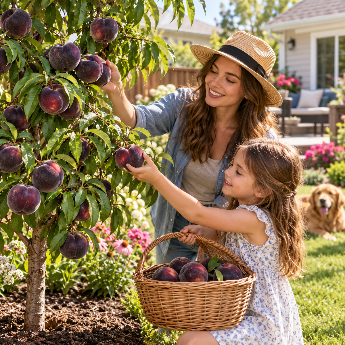 Family harvesting black peaches